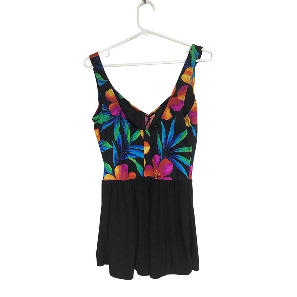 Black Tropical One-Piece Swim‎ Dress Size 12